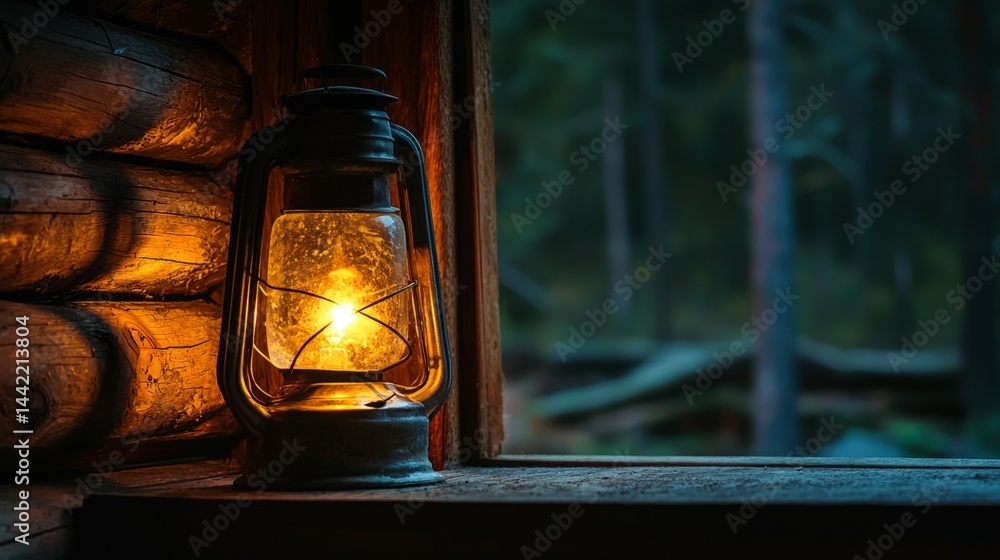 Vintage Lantern on Window Sill with Soft Light in Forest Cabin
