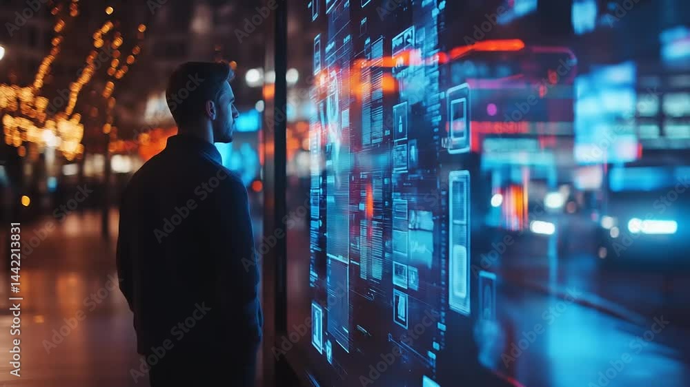 Man observing digital display in urban setting at night with vibrant lights and bustling traffic Man observing digital display in urban setting at night with vibrant lights and bustling traffic