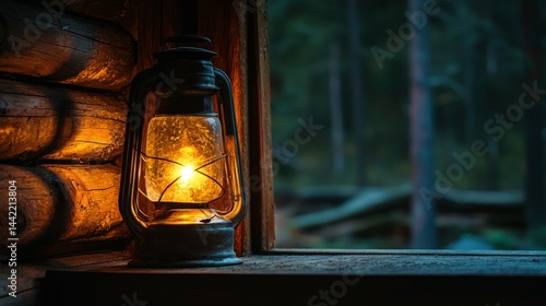 Obraz na płótnie Vintage Lantern on Window Sill with Soft Light in Forest Cabin w salonie