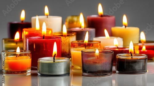 a collection of small candles on a white isolated background, soft glow and warm lighting photo