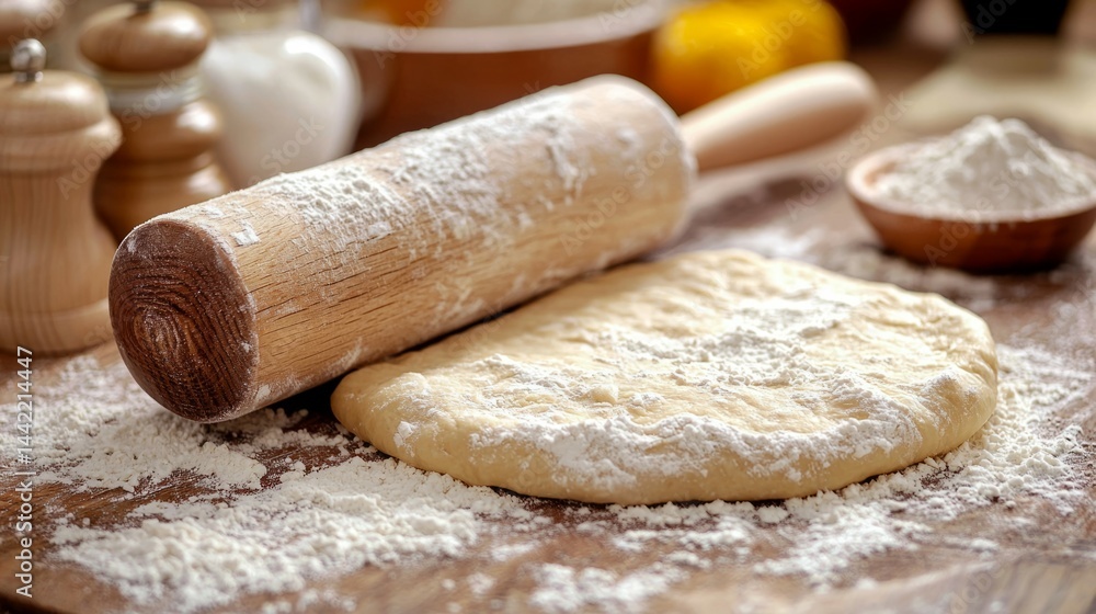 Rolling Pin on Dough Surrounded by Flour and Baking Ingredients