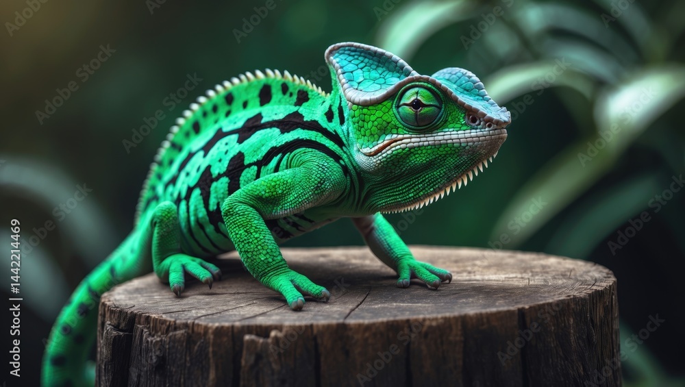 Fototapeta premium Detailed image of a common chameleon, a member of the lizard family, in close-up.