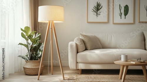 Obraz na płótnie Cozy Living Room with Modern Floor Lamp and Stylish Decor w salonie