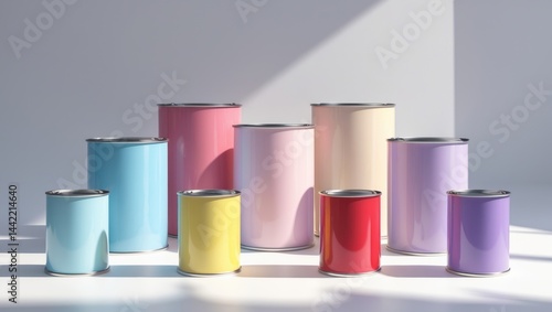Collection of paint cans with different colors displayed on a white background