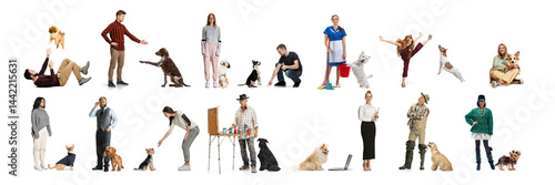 Photography Collage of different people training, walking, grooming various dogs against white background