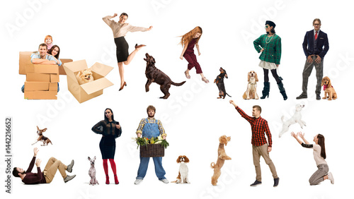 Obraz na płótnie Collage of diverse people, men and women, hugging, walking, posing with dogs of different breeds, reflecting lifestyle, friendship and joy on white background. Concept of people and pets w salonie