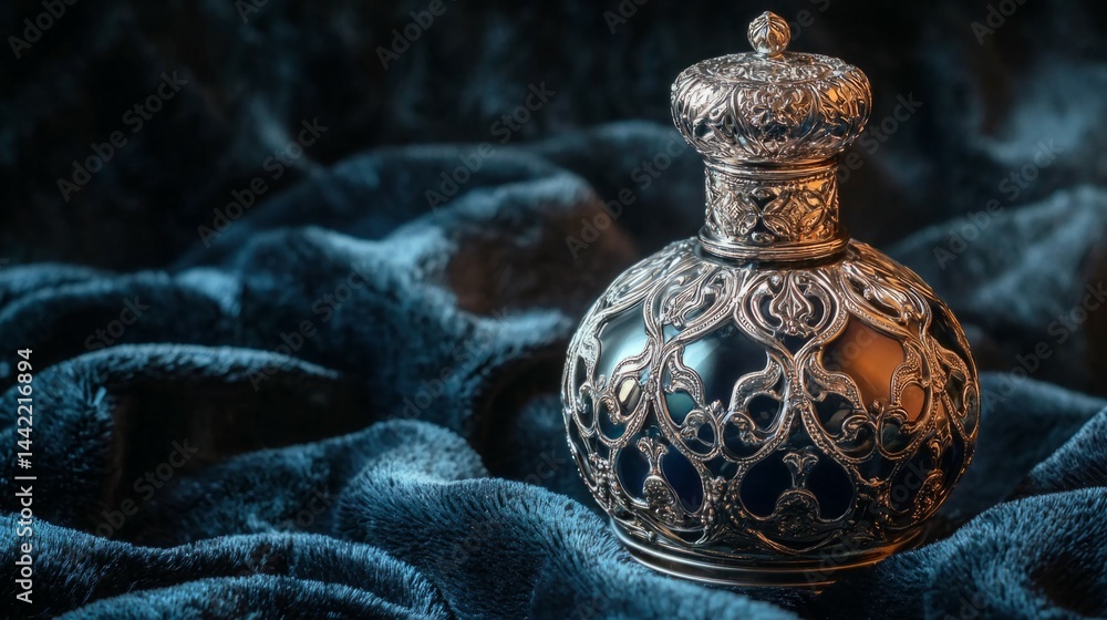 Elegant Vintage Perfume Bottle on Soft Blue Fabric Background