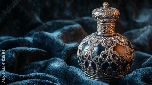 Obraz na płótnie Elegant Vintage Perfume Bottle on Soft Blue Fabric Background w salonie