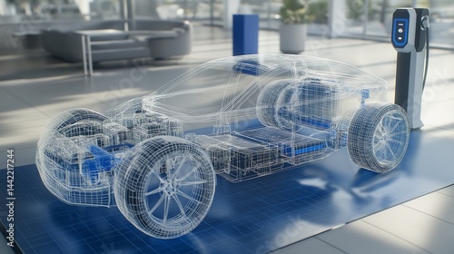 Wireframe of futuristic car concept with blue background. Futuristic digital wireframe of car concept with blue background. Electric EV car charging at charging station