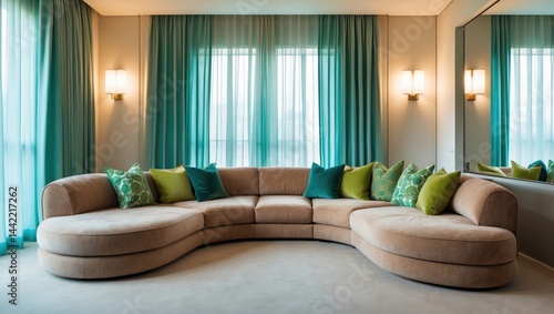 Sofa positioned in the corner of a modern studio interior