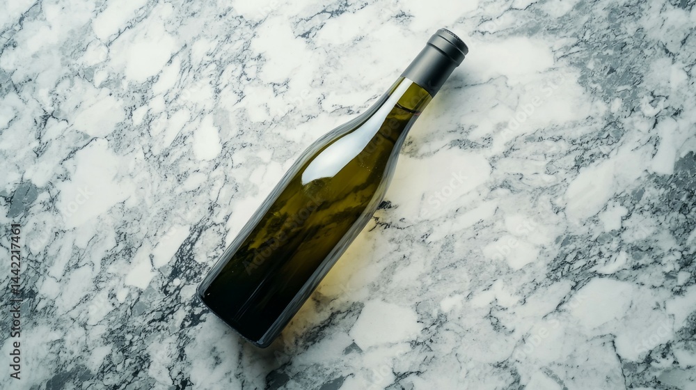 Elegant Green Glass Bottle of White Wine on Marble Background