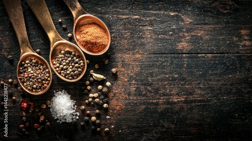 Variety of Spices and Seasonings in Wooden Spoons on Dark Table