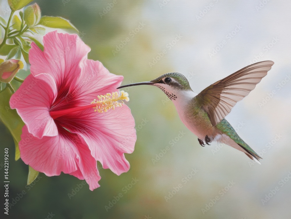 Fototapeta premium Hummingbird drinks from a pink flower