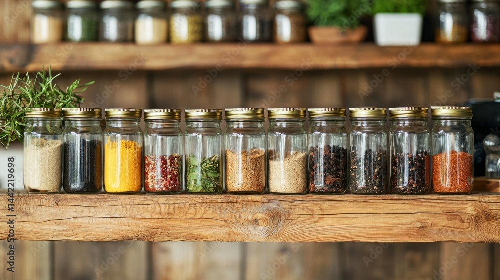 Assorted Spices in Glass Jars on Wooden Shelf for Culinary Use