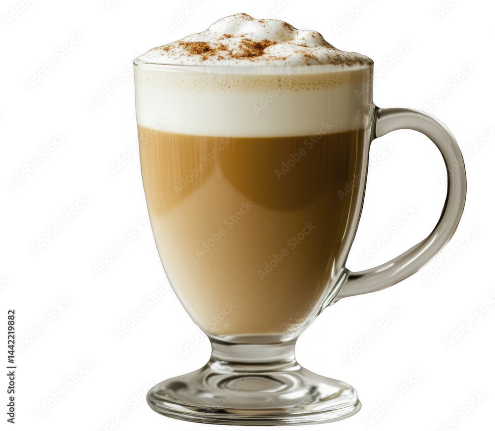 Latte beverage served in a clear glass with foamed milk and cinnamon topping; coffee drink presentation in a bistro, PNG image, PNG file. Latte beverage served in a clear glass with foamed milk and cinnamon topping; coffee drink presentation in a bistro, PNG image, PNG file.