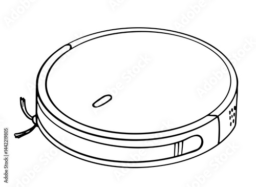 Line art of a robotic vacuum cleaner in black and white, ideal for educational materials, instruction manuals, coloring pages, product icons, and smart tech visuals.