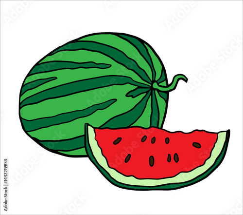 Bright watermelon vector illustration with a whole green-striped melon and a juicy red slice. Ideal for menu art, packaging labels, summer banners, social media graphics.