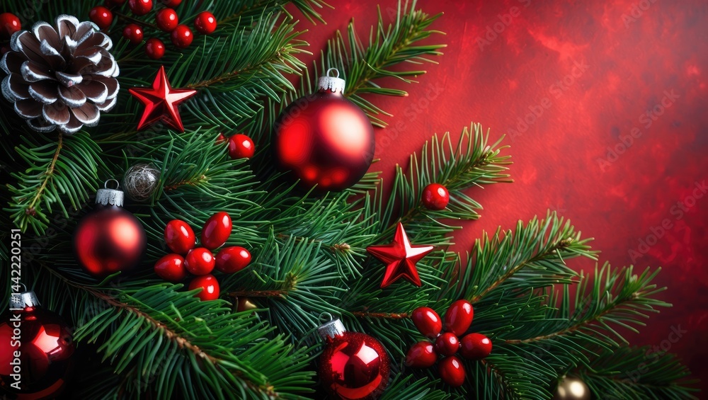Fir branches alongside Christmas decorations set against a background. Fir branches alongside Christmas decorations set against a background.