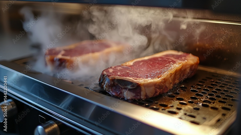 Fresh Steak Cooking in Grill with Smoke and Sizzling Sound
