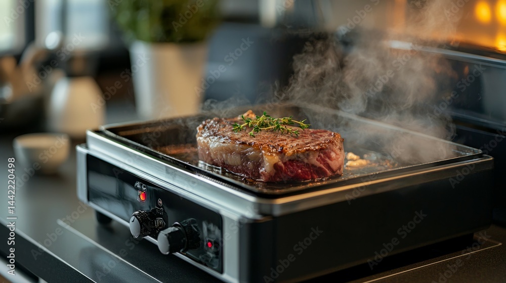 Cooking a Juicy Steak on a Modern Electric Grill in a Kitchen