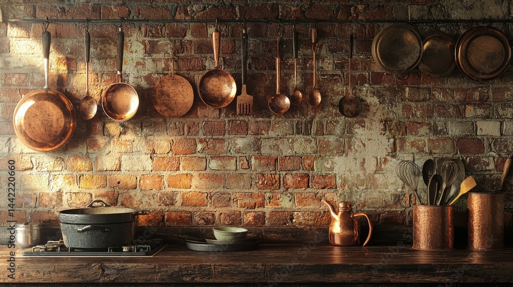 Rustic Kitchen with Copper Cookware and Exposed Brick Wall