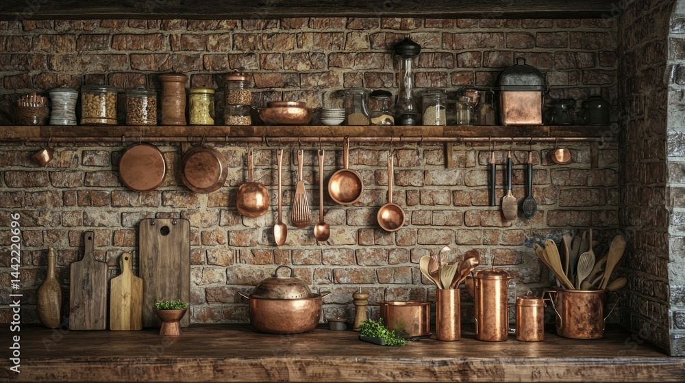 Rustic Kitchen with Copper Pots and Wooden Utensils on Brick Wall