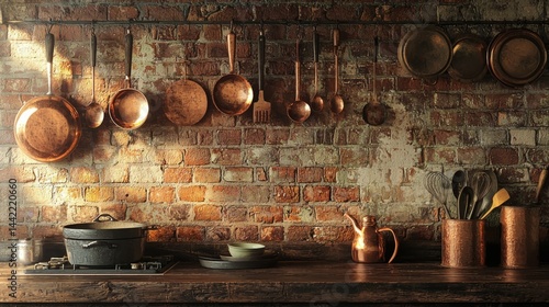 Obraz na płótnie Rustic Kitchen with Copper Cookware and Exposed Brick Wall w salonie