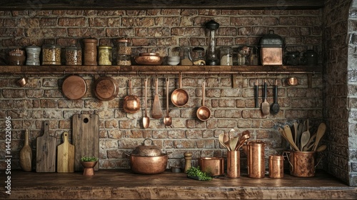 Obraz na płótnie Rustic Kitchen with Copper Pots and Wooden Utensils on Brick Wall w salonie