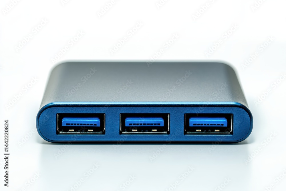 Sleek blue USB hub three ports convenient data transfer modern design compact size efficient device Sleek blue USB hub three ports convenient data transfer modern design compact size efficient device