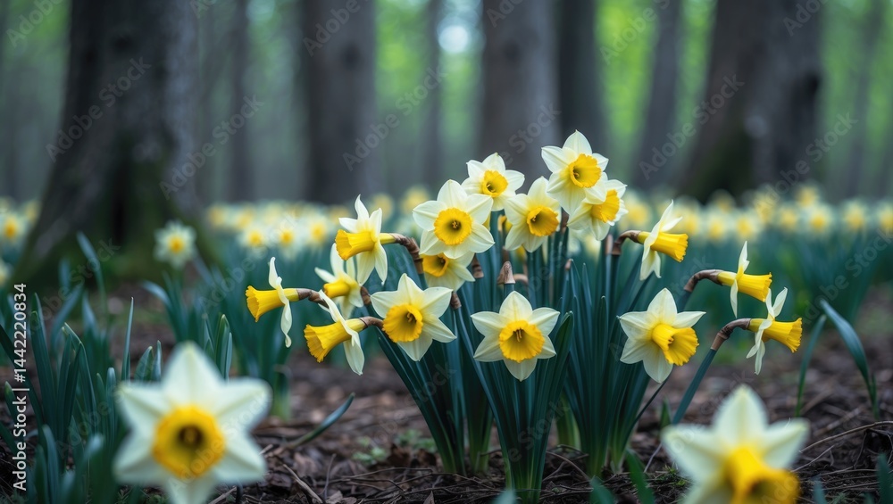 Obraz premium Yellow daffodils blooming in a clearing within a spring forest