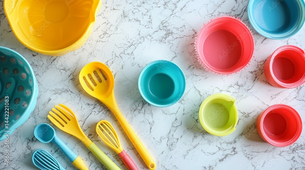 Colorful Kitchenware on Marble Surface for Culinary Use and Baking