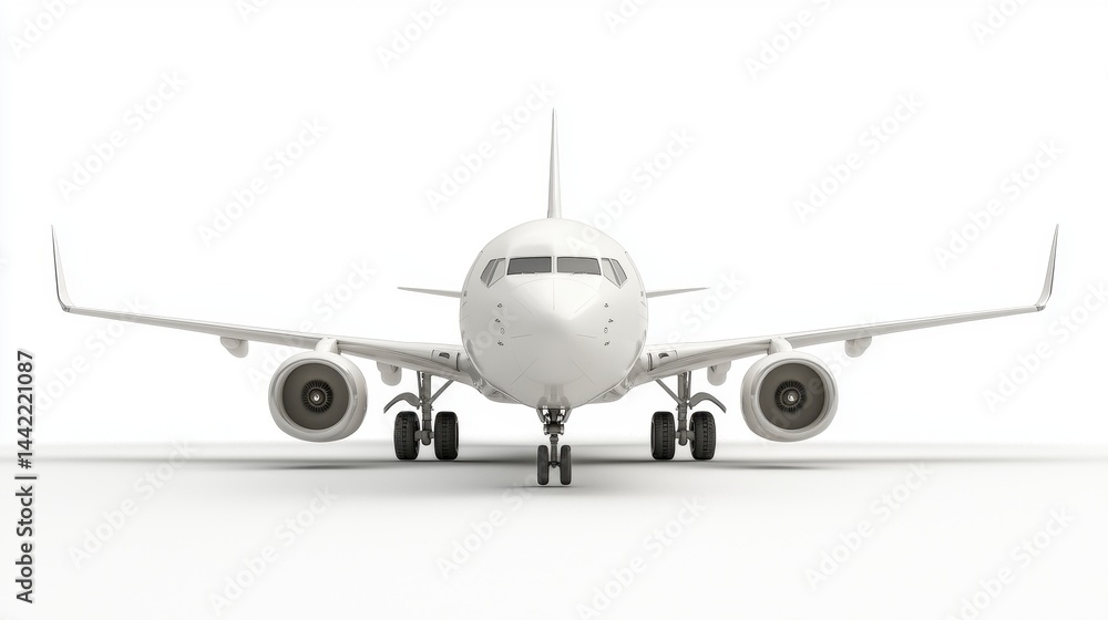 White Passenger Airplane Front View on White Background White Passenger Airplane Front View on White Background
