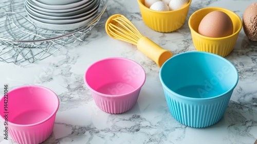 Colorful Kitchen Baking Tools with Mixing Bowls and Eggs