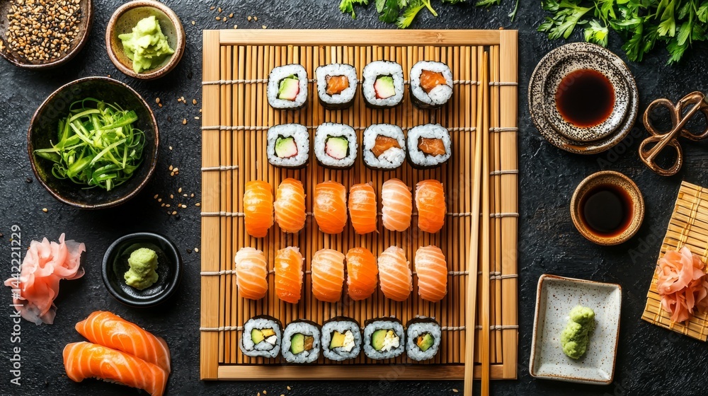 Freshly Prepared Sushi Rolls and Ingredients on Wooden Sushi Mat