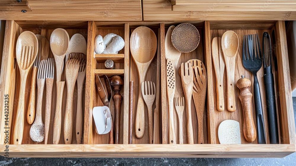 Organized wooden kitchen utensils in a neat drawer arrangement
