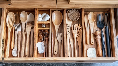 Obraz na płótnie Organized wooden kitchen utensils in a neat drawer arrangement w salonie