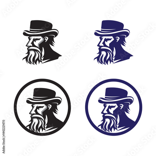 Illustrated depictions of a fashionable gentleman with a hat and beard, available in vintage-style logo designs. Perfect for branding, labels, and high-quality boutique imagery with a retro aesthetic.