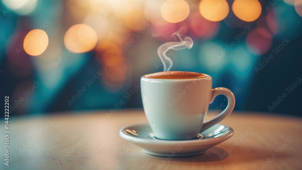 Espresso Cup Resting on Wood Table with Bokeh Background, Leisure Lifestyle Focus Espresso Cup Resting on Wood Table with Bokeh Background, Leisure Lifestyle Focus