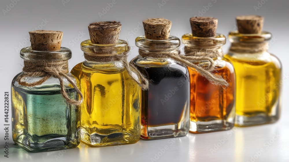 a set of essential oils on a white isolated background, aromatic and soothing design
