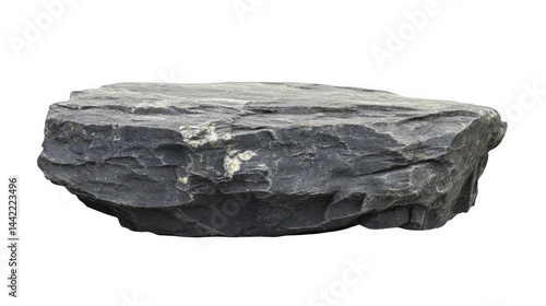 Dark gray sedimentary rock with rough, uneven texture, showing layers and mineral deposits, side view isolated on a transparent background, PNG image, PNG file.