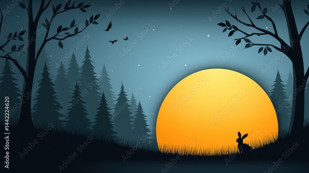 Fototapeta premium A small rabbit sits in the grass, gazing at a large yellow sunset behind a forest with trees, birds, and a calm twilight sky.