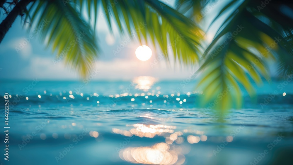Fototapeta premium Sunny tropical ocean with sparkling waves and azure sky. Large template scenery