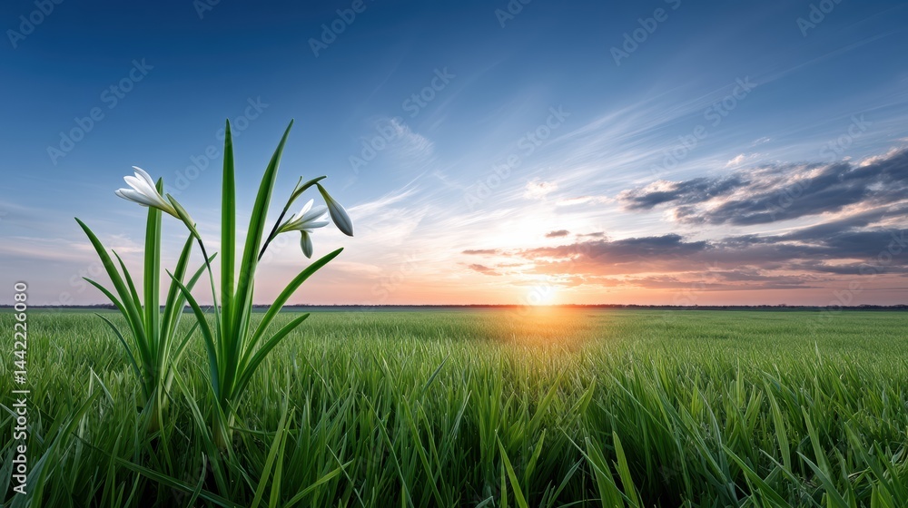 Obraz premium A under 200 characters: White wildflowers stand tall in a lush green field at sunrise, with a vibrant sky and sun peeking over the horizon.