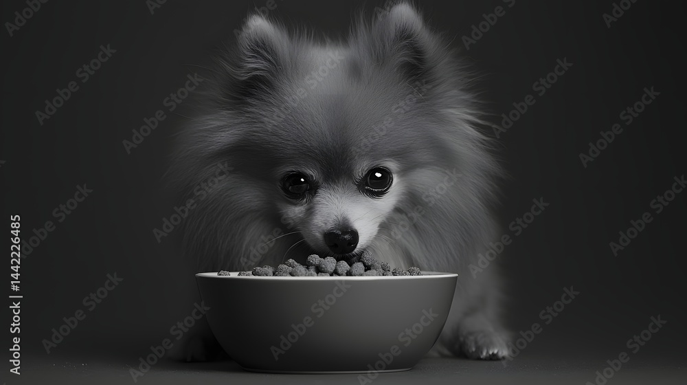 Obraz premium Affectionate Pomeranian Dog Eating Pet Food from Modern Bowl