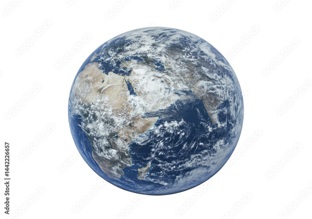 Full Earth showing Africa and Middle East with cloud cover, illustrating continents and oceans from space perspective on a transparent background, PNG image, PNG file. Full Earth showing Africa and Middle East with cloud cover, illustrating continents and oceans from space perspective on a transparent background, PNG image, PNG file.