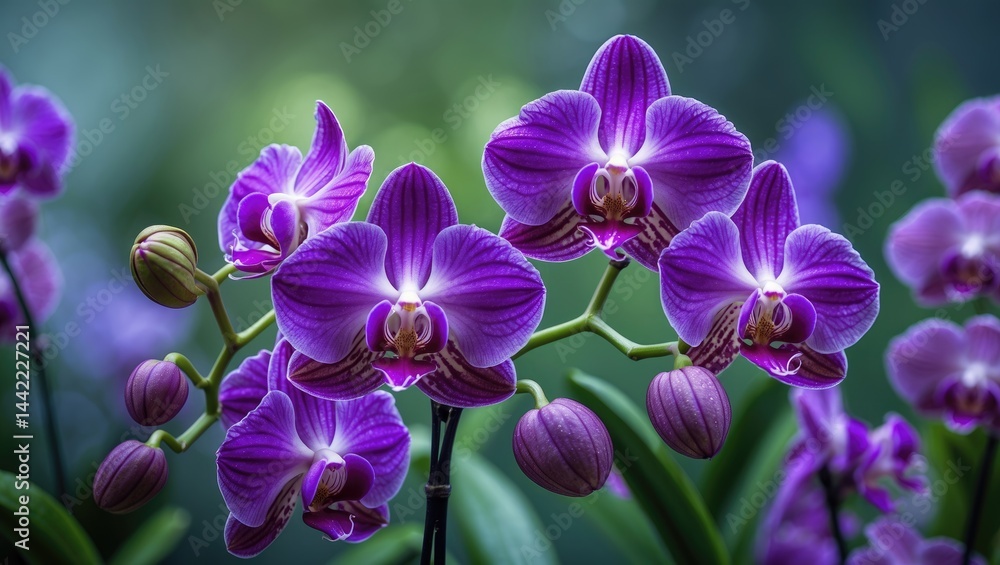 Naklejka premium Pictures of orchid plants, some with flowers in bloom and others not, featuring beautiful purple flowers perfect for decorating your home or room