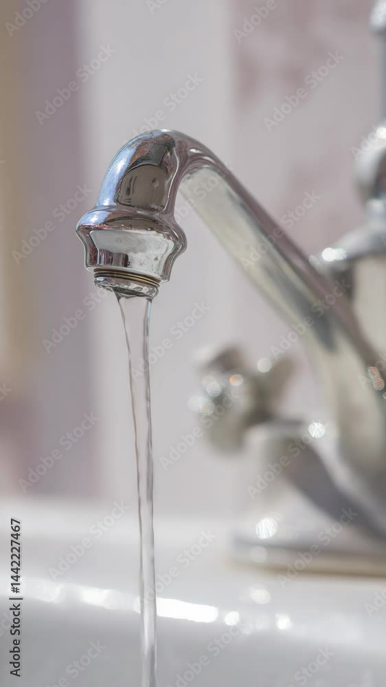 Water flows from a shiny faucet in a bright kitchen setting during daylight hours Water flows from a shiny faucet in a bright kitchen setting during daylight hours