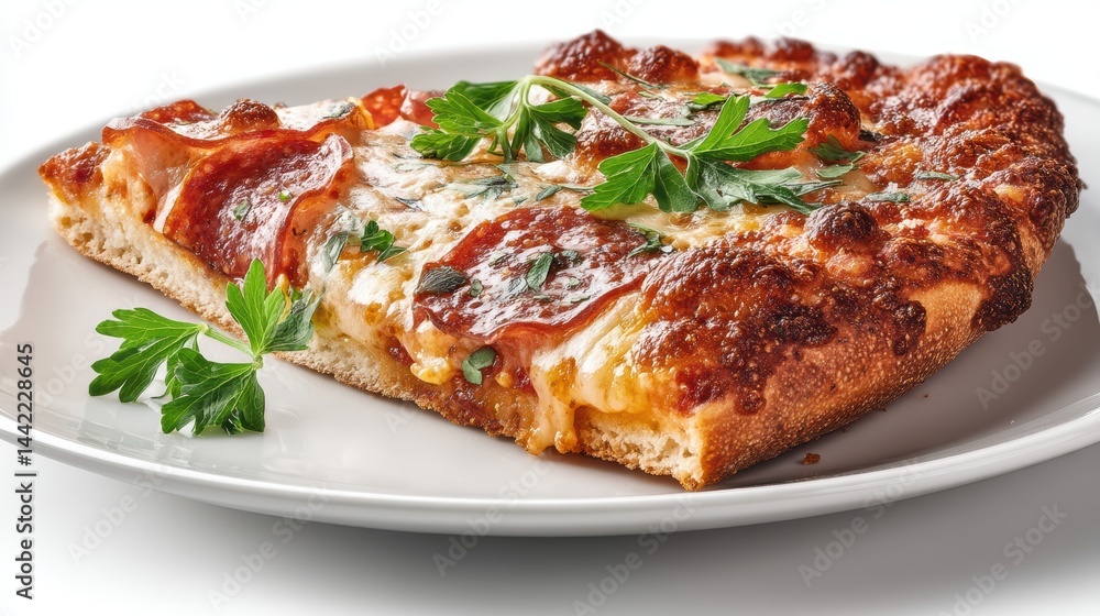 a ceramic plate with a slice of pizza on a white isolated background, delicious and inviting look a ceramic plate with a slice of pizza on a white isolated background, delicious and inviting look