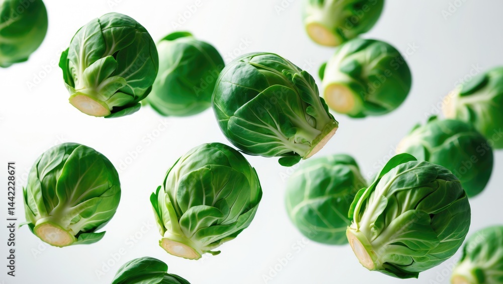 Brussels sprouts in free fall on a background Brussels sprouts in free fall on a background