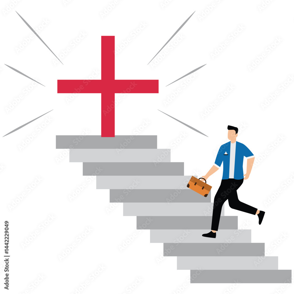 Opportunity Positive Thinking. Businessman Steps Towards The Plus Sign Door Opportunity Positive Thinking. Businessman Steps Towards The Plus Sign Door